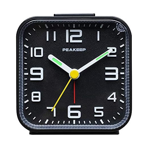 Peakeep 3D Numbers No Tick-Tock Analog Alarm Clock with Classic Beep Sound, Snooze, Manual Light and Battery Powered Small for Travel (Black-3D)