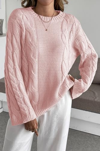 Image of Cakulo Womens Oversized Pullover Sweaters Bell Sleeve Chunky Cable Knit Sweater Crewneck Trendy Knitted Tops 2025 Pink M