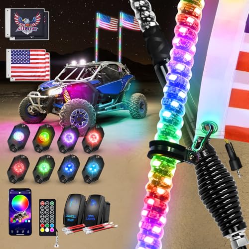 Image of Nilight 2PCS 4FT RGB LED Whip Light with Spring Base and 8 PCS Rock Lights Combo, Remote App Control w /DIY Chasing Patterns Turn Signal Brake Reverse Antenna Lighted Whips for ATV UTV Polaris RZR Jeep
