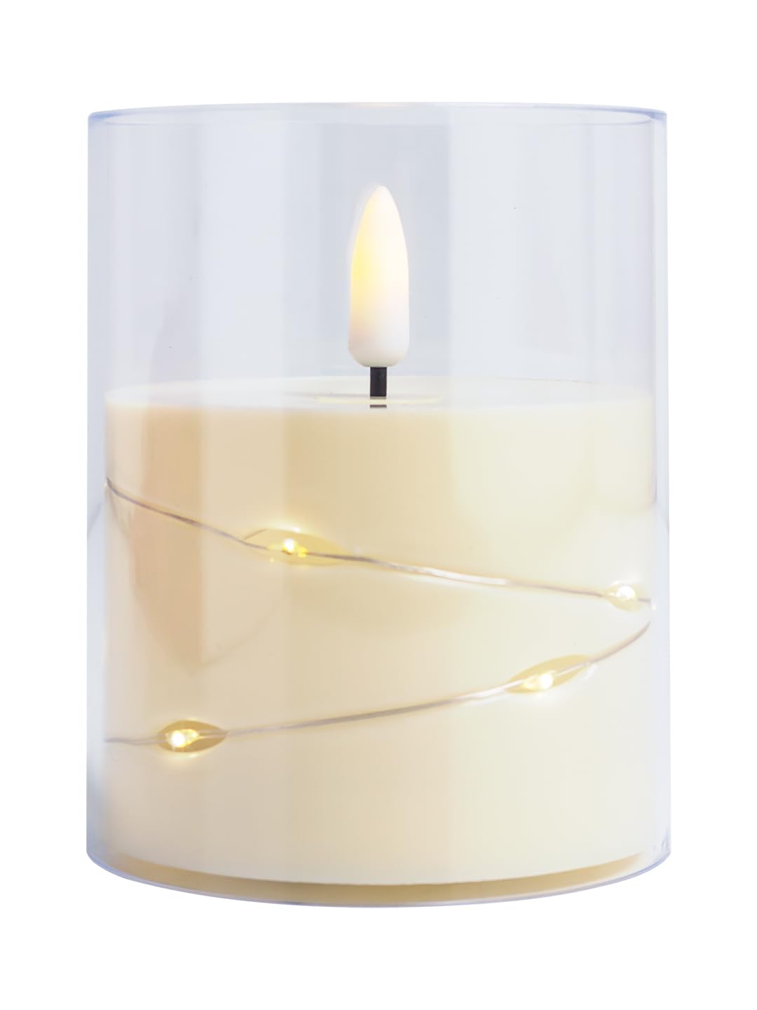 GOLDEN PEACOCK LED Candle Light Acrylic Glass | Battery Operated 3 AAA | LED Flame + String Lights | 7.5 cm x 10 cm | Romantic Valentine Home Decor Gift (Candle Light with Flame, 1, Piece)
