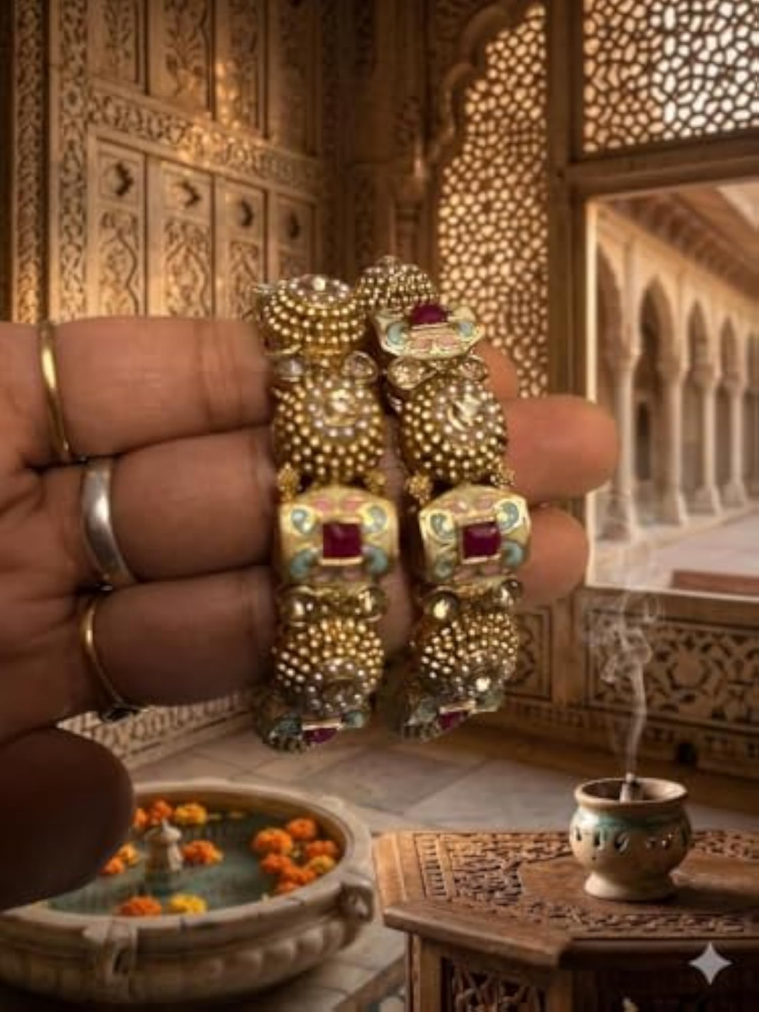 Traditional Kundan Meenakari Bangle Set of 2, Pearl & Red Stone Work