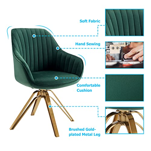 Volans Swivel Accent Chair, Mid Century Modern Desk Chair No Wheels, Upholstered Swivel Office Chair With Hollow Brushed Gold Plated Legs Office Chair For Living Room, Dining Room, Green Black #TOP3