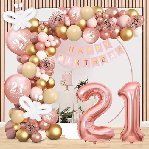 Jiusely Decoraciones de cumpleaños número 21 para niñas y mujeres, kit de guirnalda de arco de globos de cumpleaños número 21 con globo de aluminio número 21 para ella, suministros de decoración de