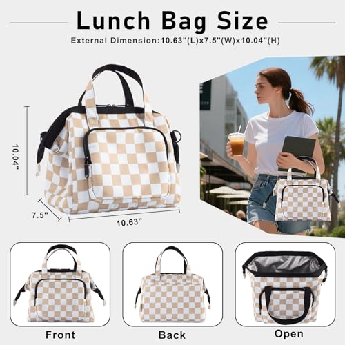 U+U Reusable Lunch Bag for Women Men Leakproof Lunch Tote Bag with Adjustable Strap, Holds Lunch Box, Snacks, Fruits for Work, Picnic or Travel - Insulated, Large Capacity, Waterproof(Khaki Checkered) — view 3