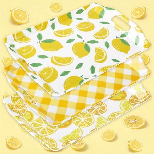 Whaline 3 Pcs Lemon Serving Trays Handled Melamine Platter Yellow Lemon Plaid Serving Dishes for Summer Party Sharing Food Supplies, 10 x 15 Inch