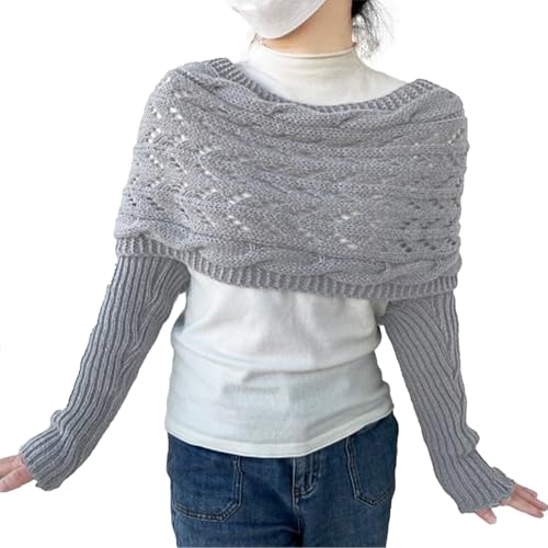 Scarf with Sleeves for Women,Wrap Sweater,Shrugs for Women,Women's Knitted Double Sleeve Scarf,Knitted Cable Wrap(Light Gray) 5