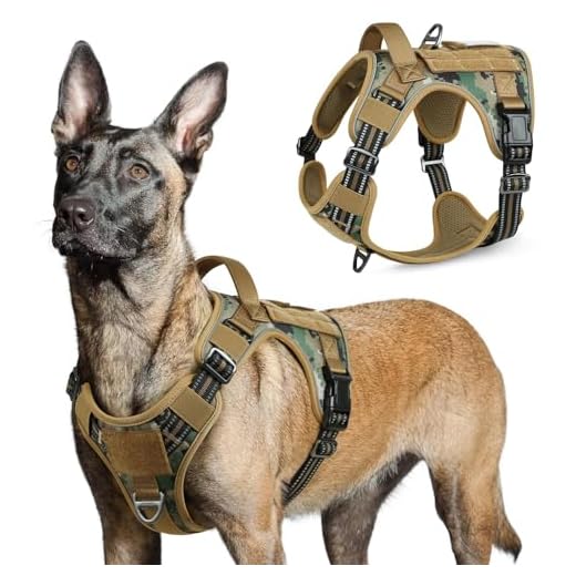 rabbitgoo Harnais Chien Anti Traction, Harnais Tactique Chien Réfléchissant Réglable avec Poignée et Anneaux, Gilet Solide Facile à Mettre, Arnet pour Chiens Militaire, Camouflage Marron, L