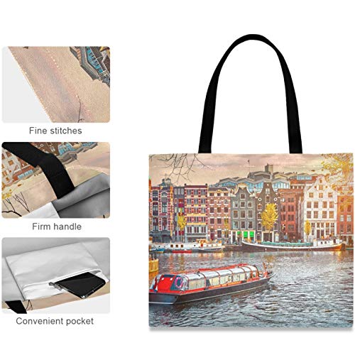 visesunny Women Extra Large Tote Bag Amsterdam Netherlands House River Shoulder Bags Ladies Beach Travel Reusable Grocery Shopping Portable Storage Handbag3