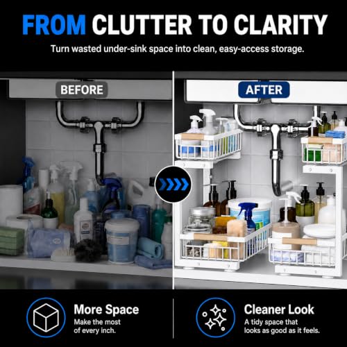 Image of Under Sink Organizer 2 Pack, Double Slide Out Metal Shelf, White