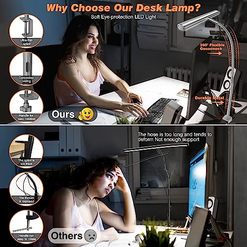 Image of Airlonv LED Desk Lamp for Office Home, Eye-Caring Desk Light with Stepless Dimming Adjustable Flexible Gooseneck, 10W USB Adapter Desk Lamp with Clamp for Reading, Study, Workbench (Grey)