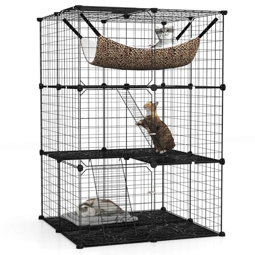 GYMAX Cage Métallique à 3 Niveaux, avec Lucarne, Hamac, 2 Echelles, Portes Verrouillables, pour Bac à Litière, Aire de Jeux, Repos, Repas pour Chien Chat Petits Animaux de Compagnie