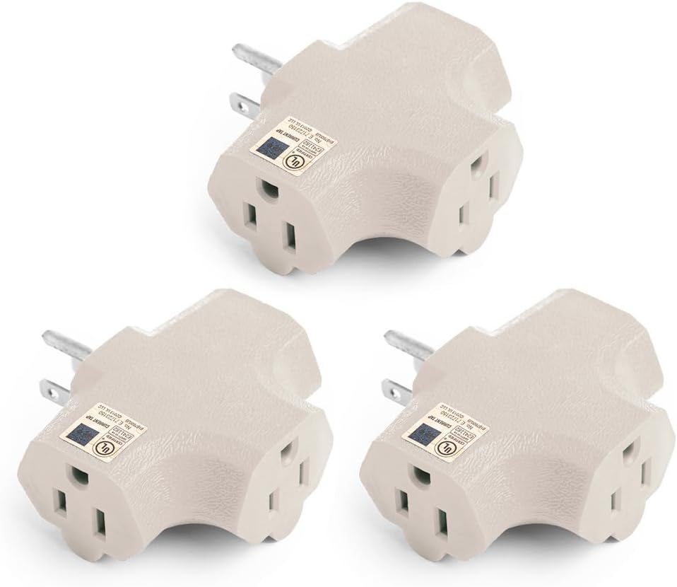 Uninex PS37UBE T-Shape 3-Outlet Adapter, Heavy Duty, UL Listed, Beige, 3-Pack