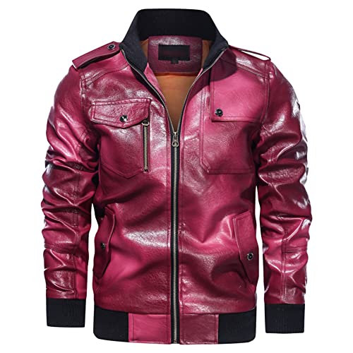 Maiyifu-GJ Men Stand Collar Faux Leather Jacket Vintage Motorcycle Zip Up Bomber Jackets Lightweight Pu Leather Outwear Coat (Red,4X-Large)