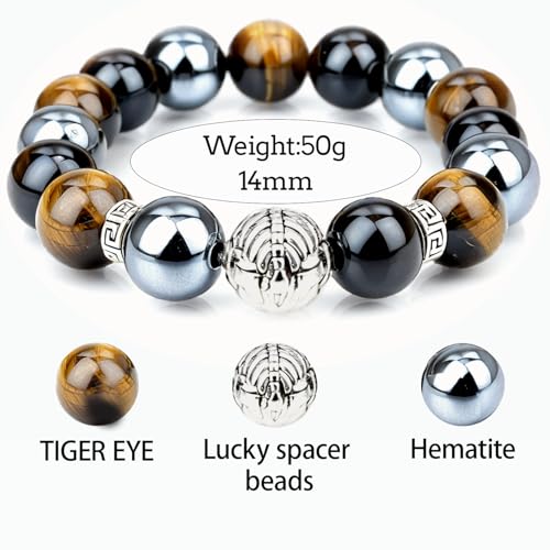 Large 14mm Tiger's Eye Obsidian Hematite Triple Protection Bracelet - Lucky Spacers Unisex Stretch Bracelet, Blessing Healing Jewelry, Great Gift Choice for Parents/Partners/Employees4