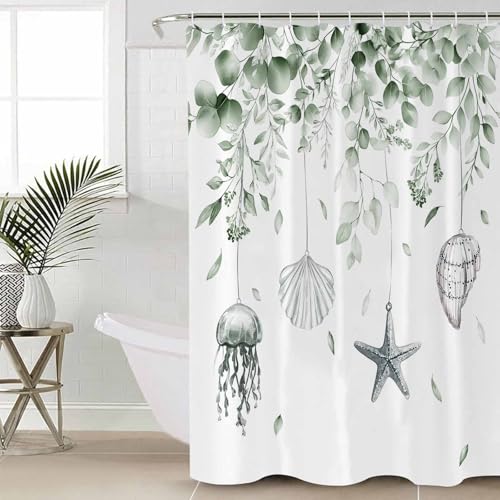 Coastal Eucalyptus Shower Curtain Set with Hook 72" x 72",Sage Green Starfish Jellyfish Shell Washable Cloth Polyester Fabric Shower+Curtain,Waterproof Bath Curtains for Bathroom,Showers,Bathtubs by ZOE GARDEN - Used condition - US$12.28