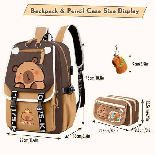 Cute Capybara Backpack for Kids,Cartoon Backpacks Casual Flap Schoolbag Daypacks with Pencil Case and Accessories for Traveling School Camping,Brown 42
