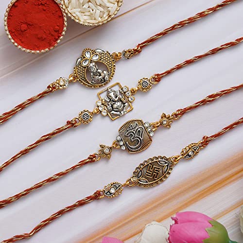 Image of eCraftIndia Set of 4 Golden Laddu Gopal, Lord Krishna Playing Flute, Lord Ganesha, and Shivling Religious Rakhis with Green Red Threads, and Roli Chawal Pack