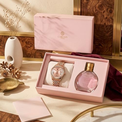 Image of Carlton London Women's Gift Set - Harper Gold Analog Watch & Blush Perfume 30ml for Women | Luxury Fashion Wrist Watch with Fragrance Combo | Elegant Gift Set for Birthday, Anniversary & Special Occasions