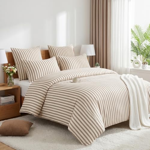 Image of Nayoroom Brown Striped Duvet Cover Queen Size Beige Striped Duvet Cover Dorm Bedding Set 3 Pieces Soft Lightweight Microfiber Farmhouse Bedding Set Gifts for Women Men