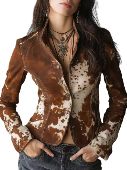 Womens Lapel Cow Print Blazer Single Breasted Slim Fit Fall Casual Trendy Suit Jacket Coats for Women