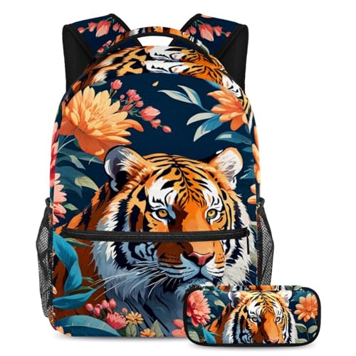 Sac à dos tigre et fleur avec trousse pour l'école multicolore