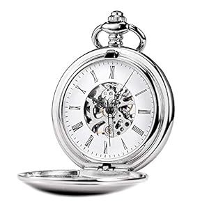 Unisex Taschenuhr mit Kette Analog Handaufzug Retro Skelett Hochglanz Poliert Silber