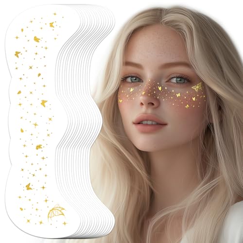 EMOME Glitter Freckles Face Tattoo, 16 PCS Gold Fake Freckles Star Face Faux Freckles Waterproof Sparkle Makeup Patches for Women, Kids, Girl