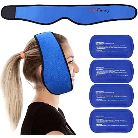 LotFancy Face Ice Pack Wrap for TMJ, Wisdom Teeth, with 4 Reusable Hot Cold Therapy Gel Packs, Pain Relief for Head, Oral and Facial Surgery, Dental Implants, Blue Cover