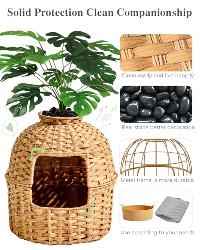 Image of SETVSON Cat Litter Box Enclosure Plant Cat Litter Box Furniture with Artificial Plants, Large Hidden Handwoven Rattan with One Mat, Odor Control Filter, PVC Film, Real Stones, Stylish Decor, Natural