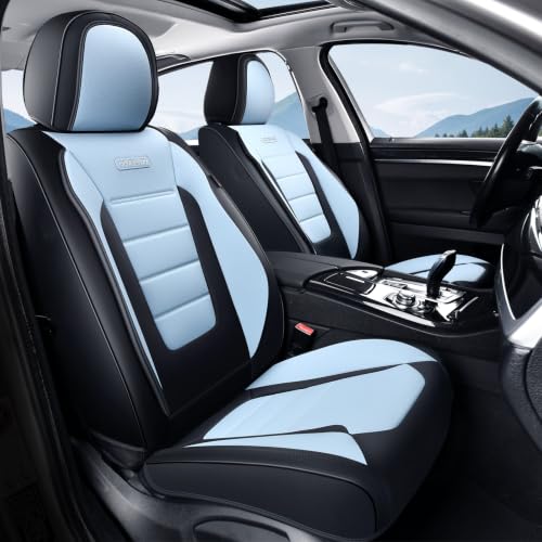 Image of Coverado Car Seat Covers Front, Seat Covers for Cars, Waterproof 2-Pack Car Seat Cushions, Leather Carseat Seat Protectors, Universal Seat Covers Fit for Most Sedans Pick-up Trucks(Black&Light Blue)