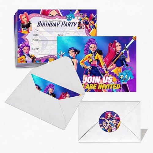16 Pack Anime Girl Birthday Party Invitations with Envelopes & Stickers kpop hunters Style Party Invite Cards Cartoon Theme Fill-In Invitations 4.2 x 6 Inch for Girls Birthday Party Decorations