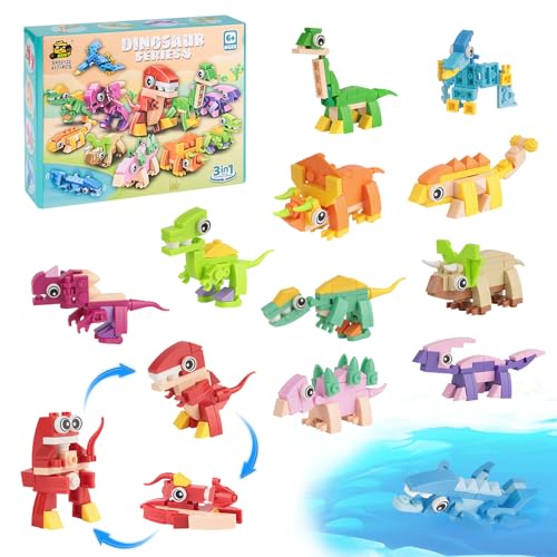 Lixstyea 3 in 1 Mini Bausteine Dinosaurier Set - 12 Pack Bausteine Kinder, Tiere Spielzeug Set, Mitgebsel Kindergeburtstag, Geschenke Kinder 6-12 Jahre Mädchen Jungen