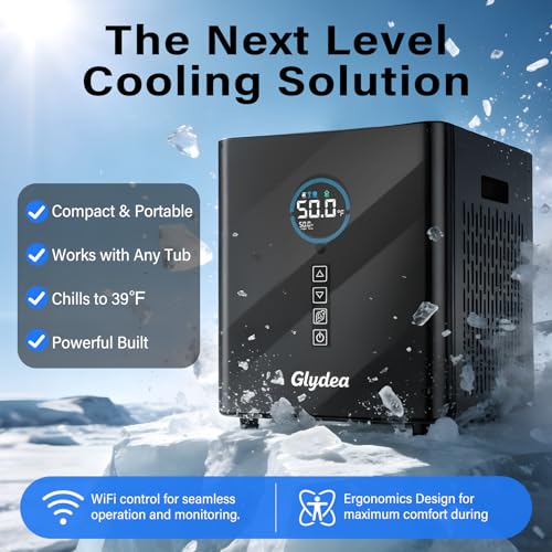 Ice Bath Chiller for Cold Plunge Tubs, 1/3HP 330W Glydea Cold Plunge Water Chiller with Built-in Ozone Function, 24/7 Water Flow, Dual Filtration, Upgraded Hose and Pump, Large LED Color Display