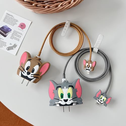 Image of skysia Charger Protector Case - 4-in-1 Silicone Cable Protector, Cute Design, Multi-Color Combo, for 18W-20W iPhone Adapters, 2-Pack (Tom & Jerry)