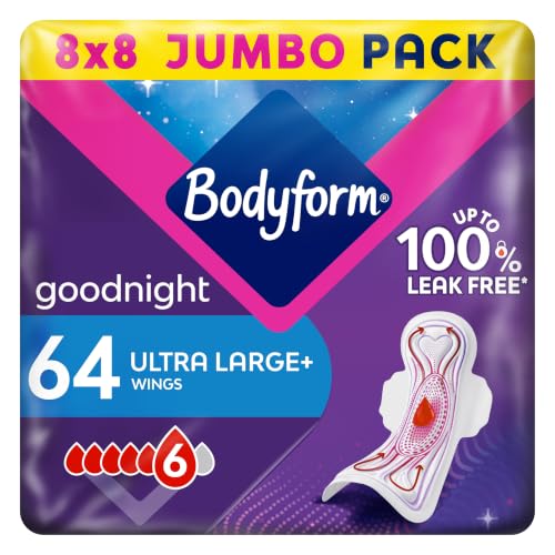 Bodyform Ultra Goodnight Sanitary Towels with Wings 64 (8 x 8 Packs) Period Pads for Night use SecureFit Leakage Protection Ultra-Breathable Top Layer