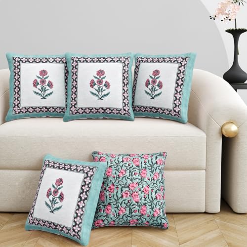Image of BLOCKS OF INDIA Hand Block Printed Cotton Linen Cushion Cover (16 x 16 inches) (SEA Green Motifs)