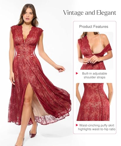 Popilush Evening Dresses Lace Formal Mother of Bride Maxi Dresses for Women V Neck Shapewear Wedding Dress Split4