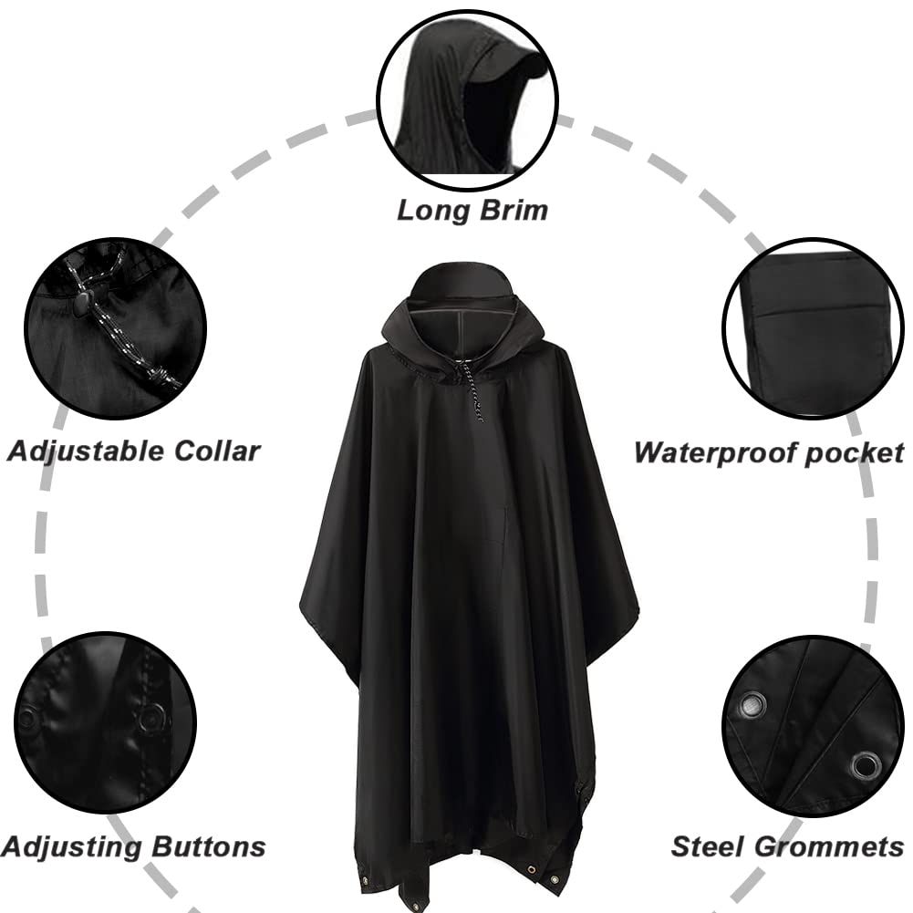 HYCOPROT Poncho de Pluie Imperméable Multifonctionnel 3 en 1, Léger 210T Oxford Réutilisable Cape de Pluie Avec Capuche, Poncho Pluie Avec Poche Poitrine pour Voyage, Randonnée, Camping, Pêche