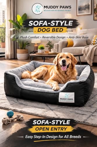 Image of MUDDY PAWS Reversible Sofa Style Dog Bed - XXXL (106 x 81 x 22 cm) - Plush Fur Surface, Removable Cushion & Anti-Skid Base - Black & Grey