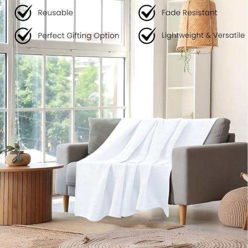 Image of 100% Combed Cotton Waffle Blanket for Bed,Sofa,Couch,| White |Queen -90X90 INCHES -Lightweight and Breathable Soft Woven AC Blankets,Throw for Summer, Spring, Winter, All Season