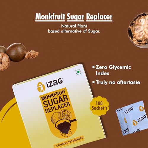 Image of iZaG Monk Fruit Natural Sweetener cystaline | Zero Calorie Sugar Alternative | Keto & Diabetic Friendly | 1:1 Sugar Replacement | 100 Single-Serve Sachets (1.2 Gram Each) | For Tea, Coffee, Cooking & Baking