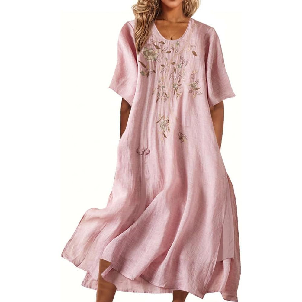 Vestido Largo de Lino y algodón con Bordado Floral para Mujer, Estilo Bohemio, clásico de Verano, con Media Manga y Cuello Redondo.