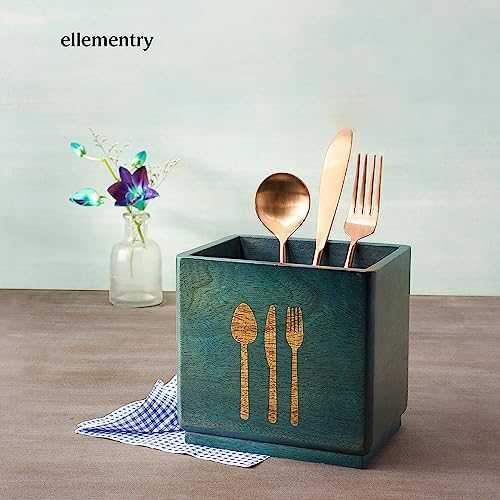 Image of Ellementry Blue Wood Utensil Holder| Spoon, Knife, Fork, Chopstick, Cutlery Holder /Organizer Stand for Kitchen & Dining Table| Multifunctional Spoon Stand | Handcrafted Table Organizer