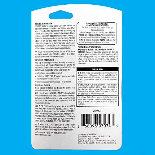 Potable Aqua Water Purification Tablets With Pa Plus, Hiking & Potable Aqua Water Purification Tablets, Portable And Effective Water Purification Solution, Two 50Ct Bottles #TOP3
