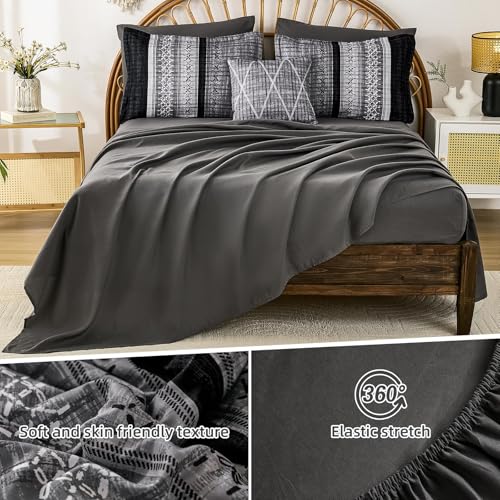 Image of Dintszyayue Black Comforter Set Full Size, 8 Pieces Boho Striped Bed in a Bag Soft Microfiber Bedding Set for All Season