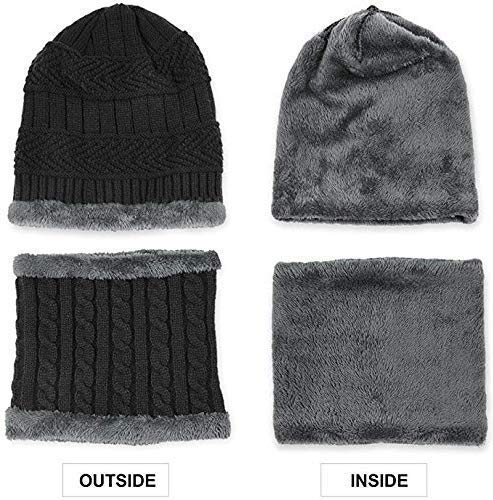 VKG Pack of 2 Ultra Soft Boys Standard 2Pcs Snow Proof Inside Winter Warm Fleece Fur Wool Beanie Cap with Muffler (Black) 1