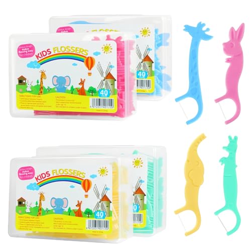 160 pezzi filo interdentale per bambini, filo interdentale per bambini, con 4 forme di animali colorati, con manico adatto ai bambini, antiscivolo, per la pulizia dei denti
