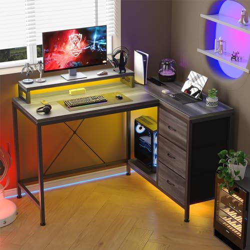 Image of Hetoy L-Shaped Computer Desk with Charging Station - Corner Gaming Desk with LED Lights, Drawers & Storage Shelves for Home Office Use, Oak
