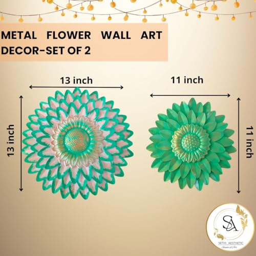 Image of SETHI AESTHETIC Metal Flower Wall Art Decor, Handmade 3D Layered Petal Design, Set of 2 (13x13 inch and 11x11 inch) (Olive Green)