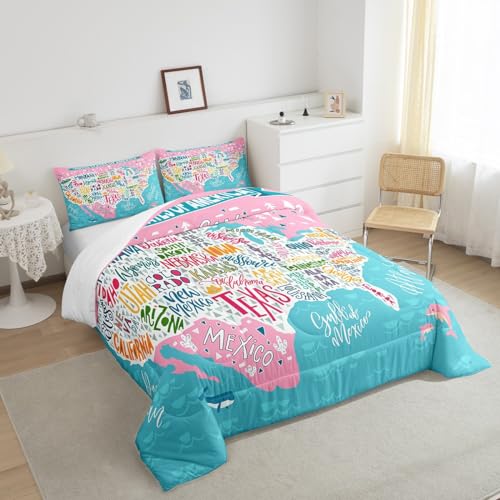 Image of Feelyou Blue Pink USA Map Bedding Set Queen, Geography Comforter Set for Kids Boys Girls Teens Educational Map Comforter Learning Educational Duvet Set 3Pcs